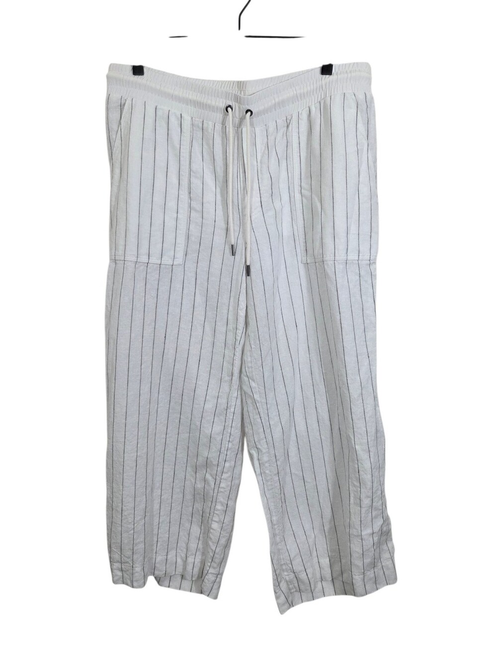 Athleta Bali Stripe Linen Crop Wide Leg Pants White Black Pull On Size 14 Beachy
